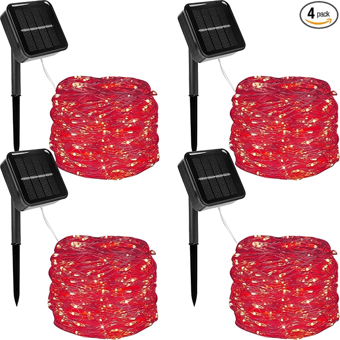 Twinkle Star 4 Pack Outdoor Solar String Lights, Total 160 FT 480 LED Solar Powered Valentines Day Decorative Fairy Lights with 8 Modes, Waterproof Silver Wire Light for Christmas Wedding Party, Red