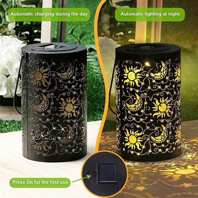 Solar Lanterns Outdoor Hanging Waterproof Metal Sun Moon Star Pattern Lanterns for Garden Patio Yard Lawn Front Porch Decor as Birthday Gifts for Mom Grandma Women