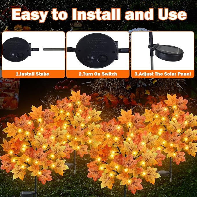 TORONTOKYO 4 Pack Fall Solar Outdoor Lights, Fall Decor 80 LED Maple Leaves Solar Stake Light with 8 Modes, Waterproof Fall Garden Lights Thanksgiving Decorations for Autumn Yard Pathway Outside