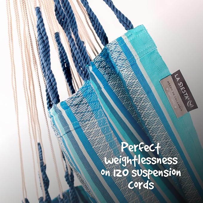 LA SIESTA® - XL King Habana Cotton Hammock & Romano Steel Stand - Indoor Outdoor Hanging Chair Swing for Bedroom Porch Balcony - Boho Hanging Chair - Azure