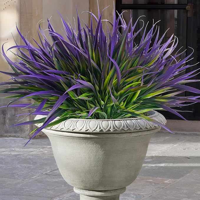 Uieke 12 Bundles Artificial Outdoor Plants UV Resistant Fake Grass Plants Faux Plastic Plants Greenery Shrubs for Home Garden Pathway Window Box Front Porch Cemetery Spring Summer Decor, Purple