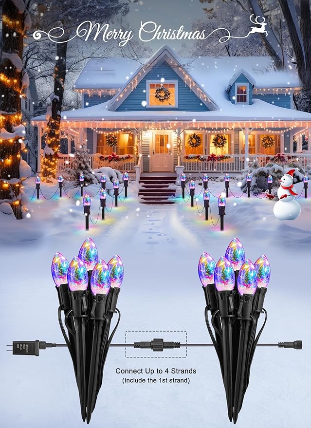 C9 Christmas Pathway Lights Outdoor, 25Ft 20 LED Christmas String Lights with Stakes, 4 Light Modes, Waterproof Connectable Christmas Decorations for Outside Lawn Yard Sidewalk Driveway, Multicolor