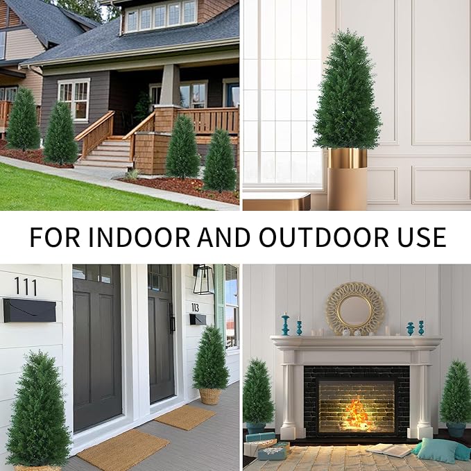 3FT Artificial Cedar Topiary Ball Trees with Ground Spike, 2 Pack UV Resistant Artificial Shrubs, Fake Evergreen Artificial Plant Brush for Indoor Outdoor Front Porch Garden