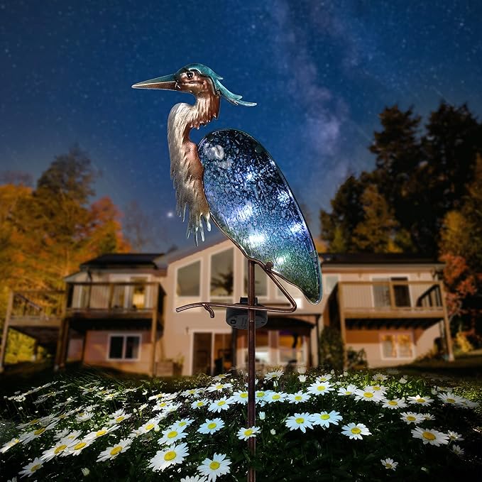 TERESA'S Collections Garden Decor for Outside Blue Heron Solar Lights, 42" Glass Lawn Ornaments with Outdoor Lights Decorative Stake, Yard Art Decorations Outdoor for Patio Gifts for Mom Grandma