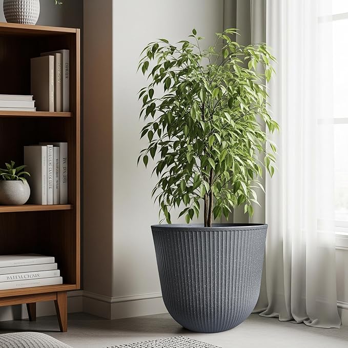 WORTH Garden Round Large Planter Pot 1-Pack - 17.5" Dia x 15.5" H - Durable Plastic Grey Plant Tree Pots with Vertical Stripe Textured Finish, Drainage Hole for Indoor, Outdoor, Front Porch, Patio