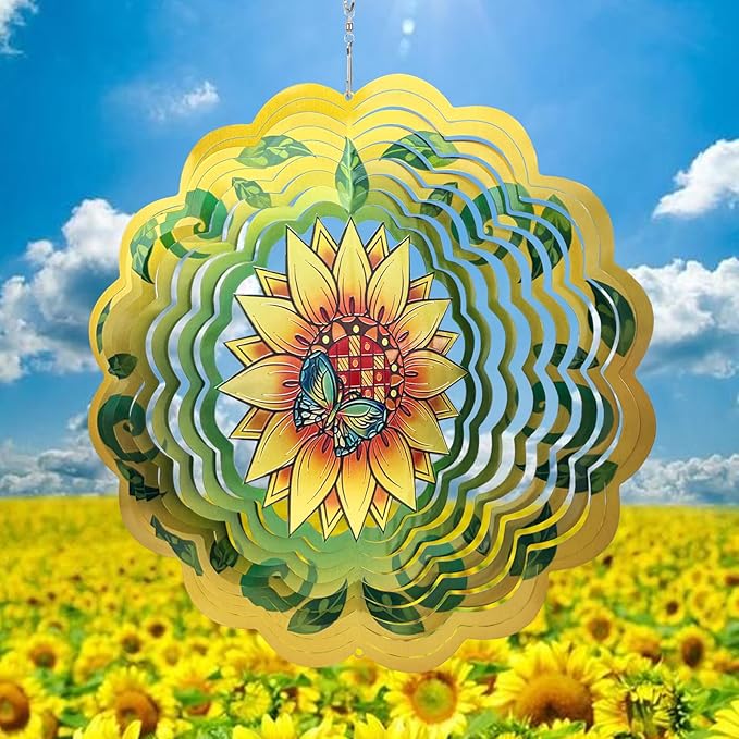 Sunflower Wind Spinners 3D Hanging Wind Spinner Sunflower Ornament Gifts for Women Mom Grandma,12inch Metal Wind Kinetic Sculpture for Outdoor&Indoor Decor, Yard Art, Garden Decoration