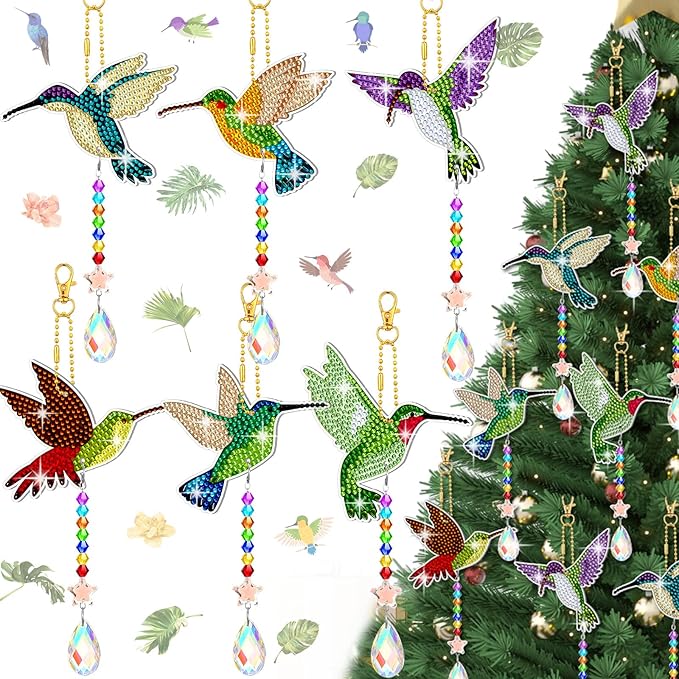 Tradder 6 Pcs Diamond Art Kits 5d Rhinestone Painting Wind Chimes Art Sun Catchers Double Sided Hummingbird Birds Art Kits with Crystal Pendant for Adults Home Window Decor Garden