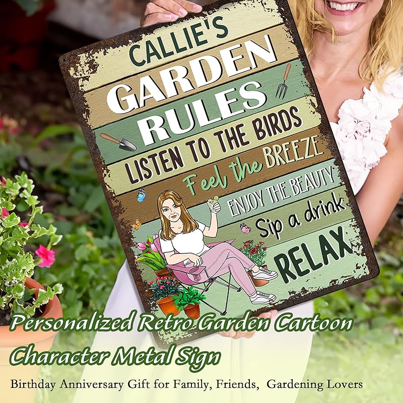 Personalized Retro Garden Metal Sign, Custom Cartoon Character and Name, Funny Garden Decor, Gift for Family, Friends, Women Gardeners, Gardening Lovers, Yard Outdoor Artwork Prints
