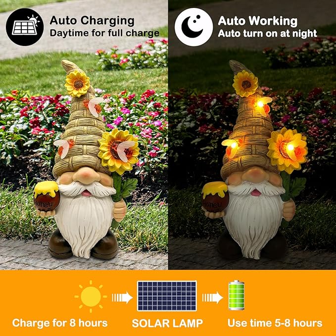 Uniboho Garden Gnome Statue Outdoor Garden Decor Large Resin Sunflower Gnome Holding Honey Jar with Solar Bee Lights for Garden Yard Decorations Patio Lawn Outside Porch Lawn Decor Gnomes Gifts 12"