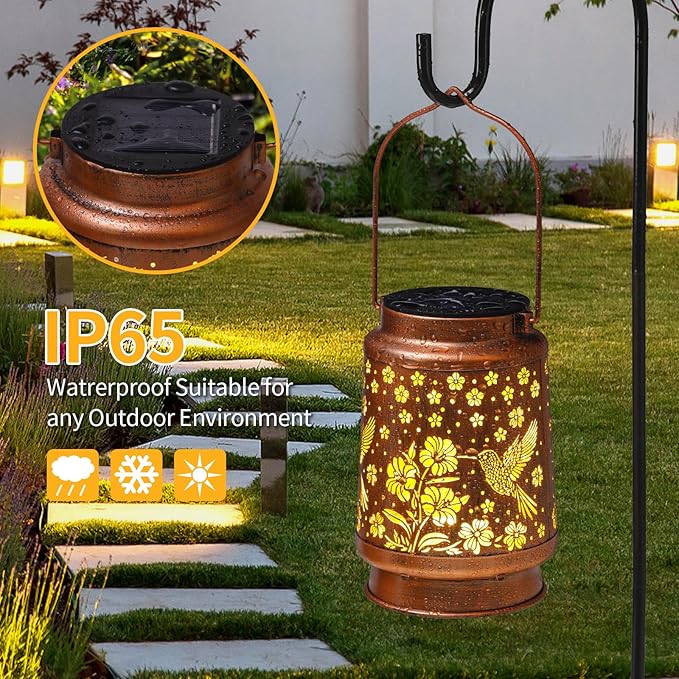 Hummingbird Solar Lanterns Outdoor Waterproof Garden Decor Birthday Gifts for Women Mom Grandma Hanging Solar Lights Metal Lantern Decoration Outside for Porch,Patio,Yard,Backyard
