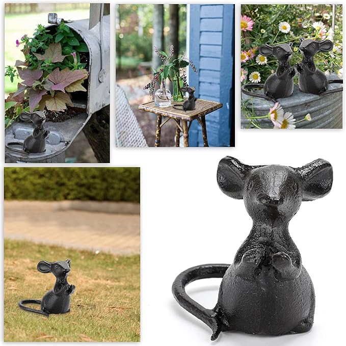 OwnMy 2 Cast Iron Cute Mouse Figurine Sculpture Black Mice Statues Carved Desktop Ornaments Figurines, Decorative Creative Animal Figurine Indoor Outdoor Statues for Garden Patio Yard Home Decoration