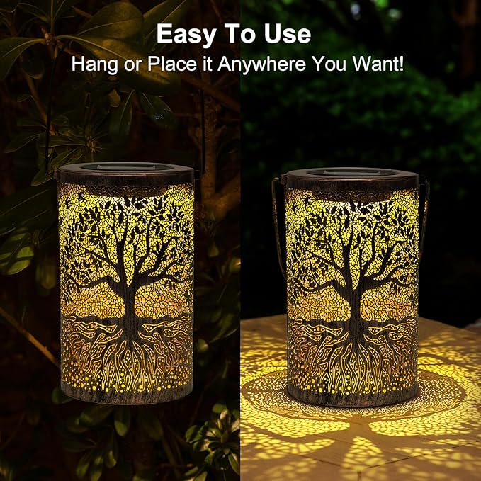 Solar Lanterns Outdoor Waterproof,Hanging Solar Tree of Life Lights Garden Decor,Gardening Birthday Gifts for Women Mom Grandma,Metal Hollowed-Out Lanterns for Yard,Patio,Backyard,Porch