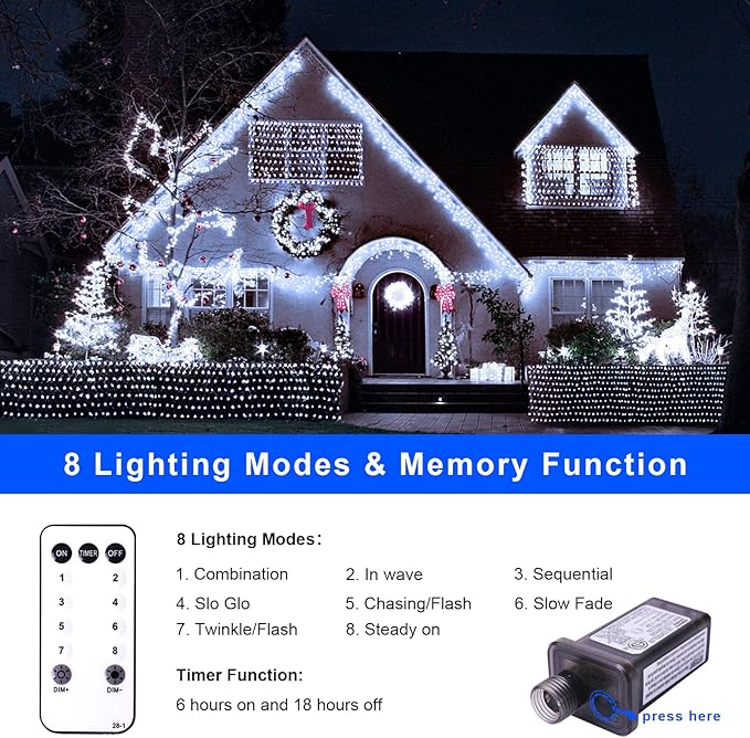 White Net Lights for Bushes - 360 LED Christmas Net Lights Plug in with Remote, 12 x 5ft Extendable 8 Modes Christmas Net Lights Waterproof for Gazebo Lawn Wedding Patio Garden Bush Tree Decoration
