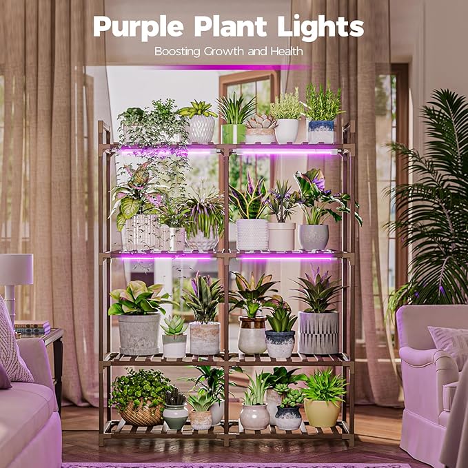 Bamworld Plant Stand with Grow Lights for Indoor Plants Wood Plant Shelf 4 Tier Large Flower Stand for Mutiple Plant Holder Rack for Patio Living Room BalconyDecor Purple Light
