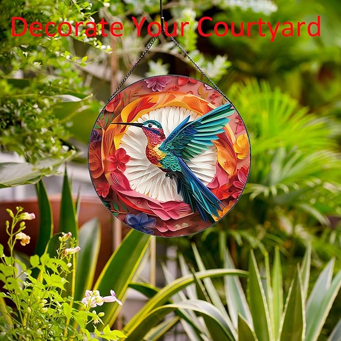 Colored Hummingbirds Pattern Suncatcher Stained Glass,Hanging Stained Glass for Windows,20cm/7.87inch Suncatcher Garden Hangings Painted Glass Panel Decor Halloween Christmas Themed Gift