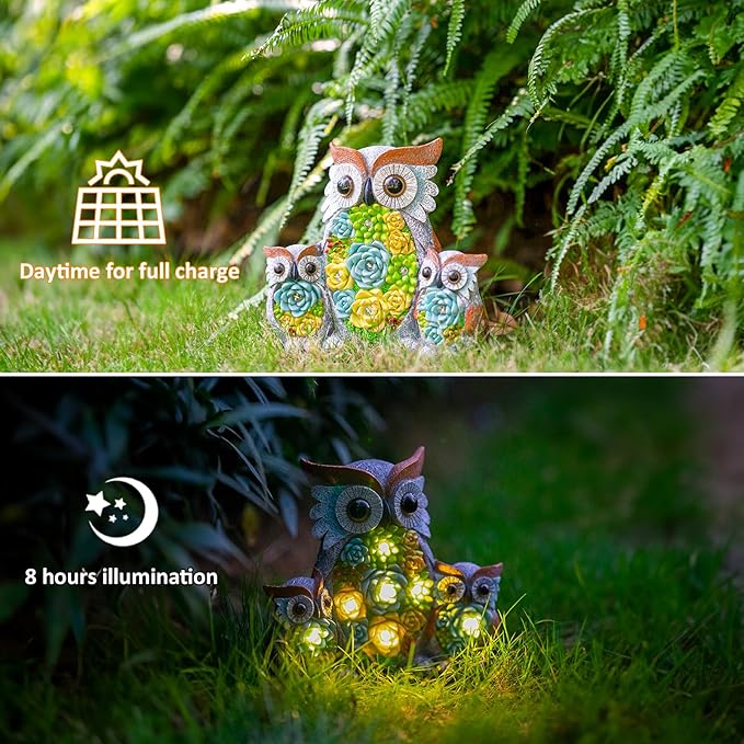 Solar Garden Statue Lights Owl Figurine with LED Lights, Outdoor Garden Succulent Ornaments Christmas Gift Waterproof Decoration for Outside Patio Yard Lawn Decor