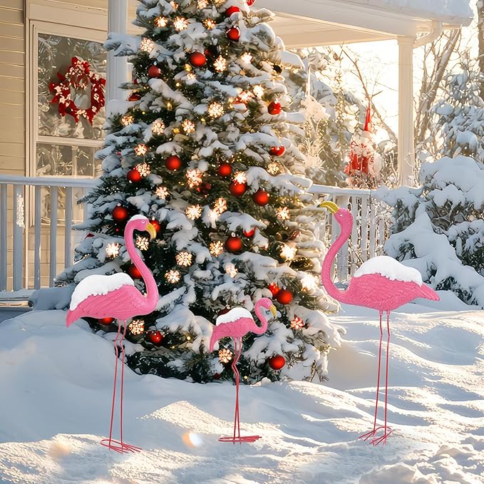Ohuhu Family Flamingo Yard Ornaments, Set of 3 (32", 31", 19") Bright Pink Flamingos Ornaments with Metal Feet Stakes for Garden Yard Patio Party Decoration, Outdoor Decor Gardening