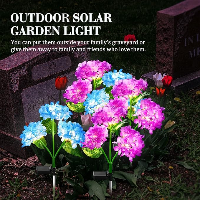 Treela 4 Pack Solar Lights Flowers Outdoor Waterproof Hydrangea Garden Stake Lights Realistic LED Flowers Powered Decorative Ground Solar Flower for Lawn Yard Backyard Decoration Gift(Blue, Purple)