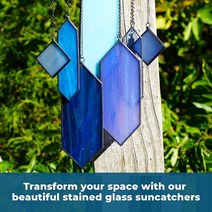 Stained Glass Window Hanging Sun Catcher - Blue Wall Art, Earth Tones Modern Design, Fully Assembled, Ready to Hang, Home or Garden Decor