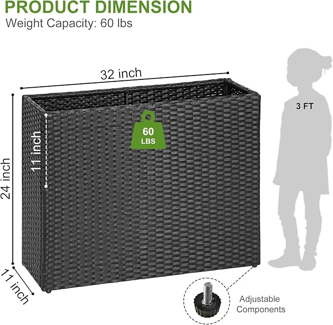 LEWIS&WAYNE Large Rectangular Block Planter Box Handmade Wicker Tall Planters for Outdoor Plants with Removable Liners Modern Planter for Indoor Outdoor Patio Deck - Black, 32''x11''x24''