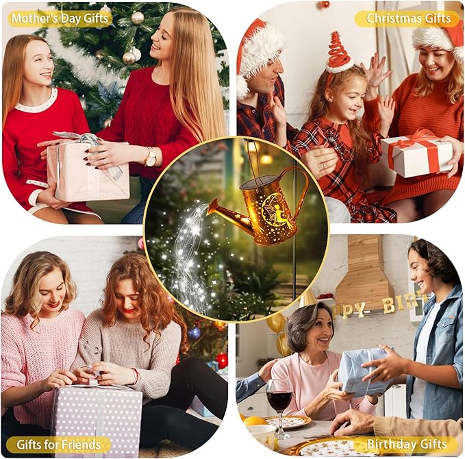 Big Solar Powered Watering Can Lantern & Moon Fairy Garden Decor Set Outdoor Waterproof Hanging Path Lights with Shepherd Hooks, Perfect Patio Decor Gardening Gift for Women, Mom, Grandma (Cool White)