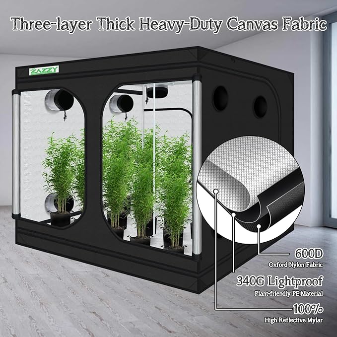 zazzy Growing Tent, 120"x120"x78" Grow Tent High Reflective Mylar with Observation Window and Removable Floor Tray for Hydroponics Indoor Plant Growing 10x10