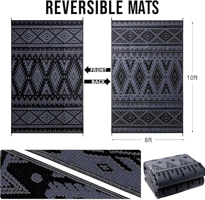 OLANLY Outdoor Rug Waterproof 8x10 ft, Reversible Outdoor Plastic Straw Rug, Boho Patio Rug, Indoor Outdoor Carpet, RV Mat Outside for Patio, Camp, Picnic, Balcony, Deck, Backyard, Black & Grey