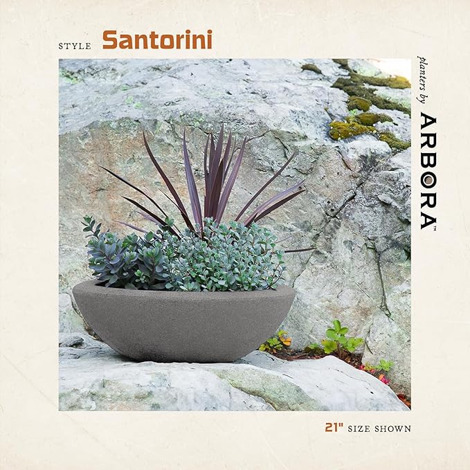 ARBORA 21" Santorini Bowl Polyresin Indoor and Outdoor Planter with Stone Blend Concrete Gray Finish - Durable, Weatherproof, Lightweight, Large Plant Pot for Patio, Garden, Deck, Entryway