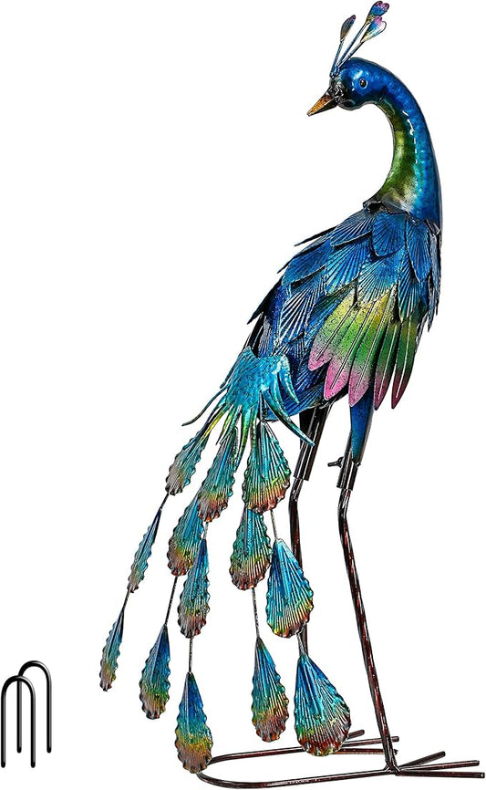 TERESA'S Collections Outdoor Decor Peacock Yard Art Garden Sculptures & Statues,Blue Small Metal Bird Lawn Ornaments,22.4" Outside Mardi Gras Decorations for Porch,Patio,Pond Decor,Gifts for Mom