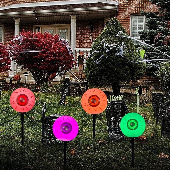 Outdoor Halloween Decorations Pathway Lights, 7Ft Halloween Eyeballs Pathway Markers String Lights Waterproof with 4 LED Scary Eyeballs Halloween Stakes Lights for Outdoor Walkway Yard Lawn Garden