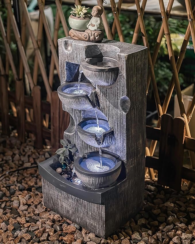 23.43" H Outdoor Water Fountain, 5 Tiers Bowls Garden Water Fountains with LED Light, Modern Natural Waterfall Fountain for Garden, Patio, Yard and Home Art Decor