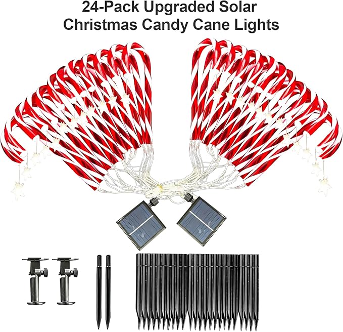 2 Set 24 Pack Upgraded Solar Christmas Candy Cane Lights, 18.6 Inch 144LED Outdoor Pathway Stake Lights with 8 Modes, Solar Candy Cane Lights for Decor Lighting Walkway Yard Garden Xmas Decorations