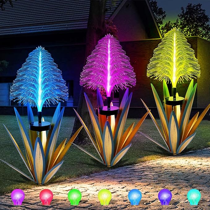 Homight Metal Outdoor Decoration Gift Christmas Decorations Outdoor Metal Agave Yard Art Garden Lights Solar Outdoor, 7 Color Changing Garden Yard Pathway Xmas Decor Waterproof (2 pcs Blue)
