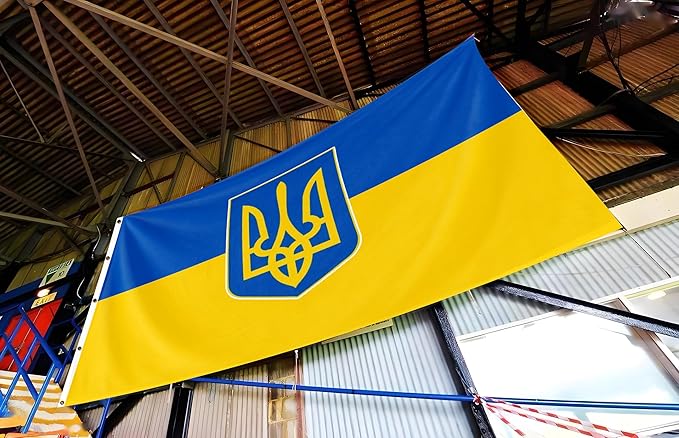 Ukraine Trident Extra Large Flag 10x15FT Giant Ukrainian Coat of Arms National Polyester Banner With 5 Grommets Fade Resistant Vivid Color For Patriotic Festival Events Party Decoration