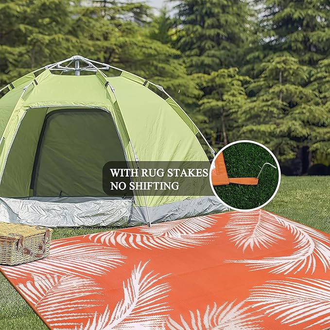 Pauwer Waterproof Outdoor Rug 6x9, Reversible Plastic Straw Patio Camping Rug, Indoor Outdoor RV Mat Carpet for Deck, Camper, Porch, Balcony, Backyard, Picnic, Leaf Orange