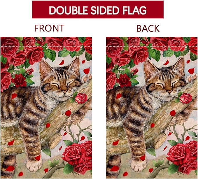 BLKWHT Valentines Cat Garden Flag 12x18 Vertical Double Sided Red Roses Spring Farmhouse Holiday Outside Decorations Burlap Yard Flag BW757