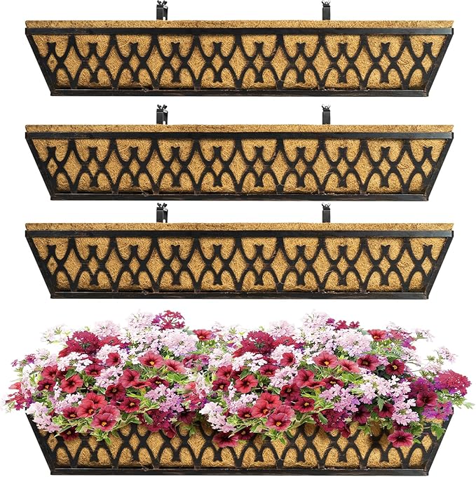 4 Pack 30 Inch Window Boxes Planters Railing Planter Box with Adjustable Brackets for Porch Fence Patio Balcony Hanging Flower Baskets with Coco Liners for Outdoor Garden Decor - Bronze