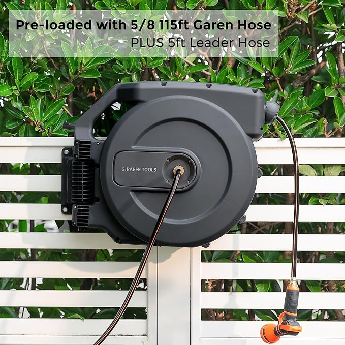 Giraffe Tools AW505/8 Retractable Garden Hose Reel 5/8" x 115+5 ft, Heavy Duty Wall Mounted Water Hose Reel Automatic Rewind, 180 Deg Swivel Bracket, Slow Retraction, 115ft, Dark Grey