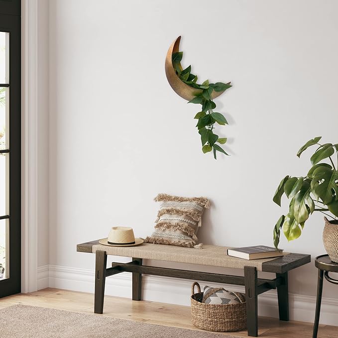 Wall Mounted Metal Moon Planter - Hanging Crescent Pot for Succulents, Air Plants, Cacti - Boho Indoor Outdoor Moon Wall Decor for Bedroom, Bathroom, Living Room, Nursery - Rustic Gold