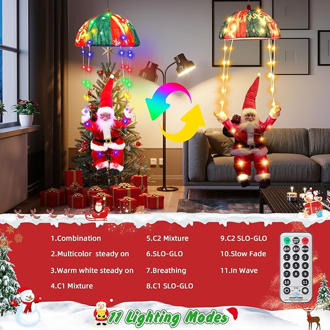 Christmas Decorations Lights, 88 LED Christma Parachute with Santa, 11 Modes Christmas Light Outdoor, Hanging Colourful & Warm White Xmas Lights, Holiday Porch Garden Party Decor