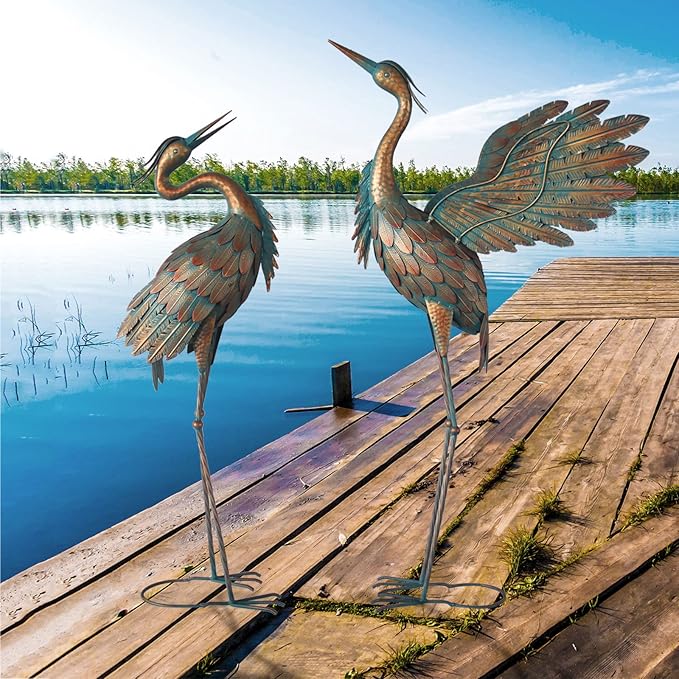 Crane Statues for Garden Decor, Metal Yard Art Heron Garden Statues, Standing Garden Sculptures & Statues for Yard Decorations Outdoor, 38-42 Inch Set of 2, Copper