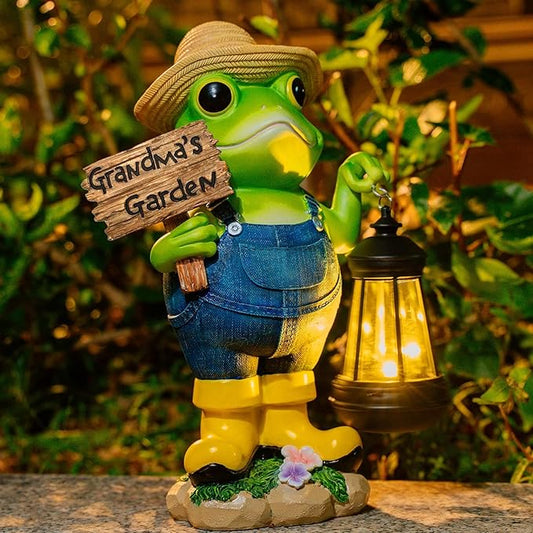 Frog Garden Statue with Solar Light, Gardener Frog Decoration with Solar Lantern Light for Home, Outdoor, Garden, Patio and Yard Decor, Best Gifts for Mom/Grandma, Grandma's Garden