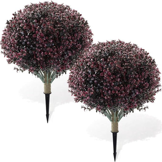 Yunlly 2 Pack 18" Artificial Boxwood Ball Bush Topiary Trees Fake Outdoor Plants, Realistic UV Resistance Faux Shrubs with Spike Greenery Topiary for Front Porch Garden Yard Patio Indoor (Dark Purple)