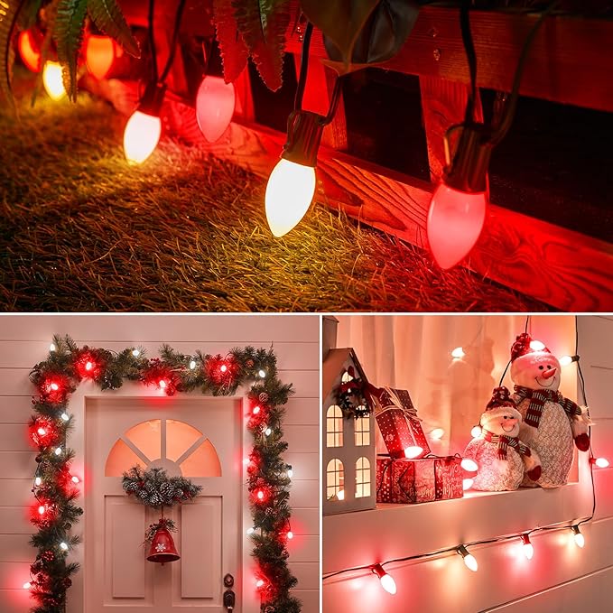 Minetom Outdoor Christmas Lights, 50 FT Vintage Red and White C9 Christmas String Lights for Christmas Holiday Indoor Room Roofline Backyard Garden Patio Home Decor, E17 Base, Green Wire