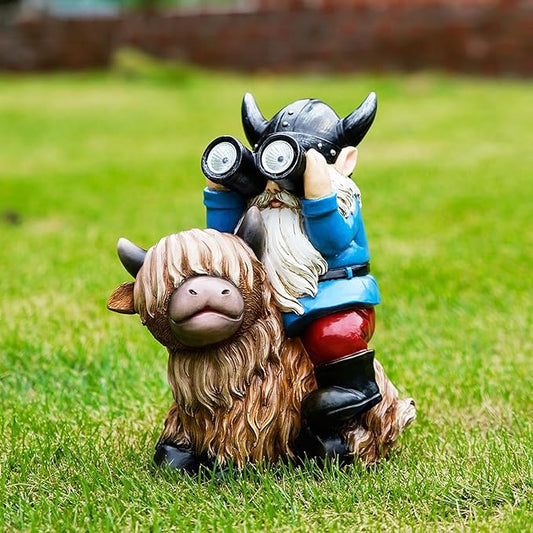 Garden Gnome Statues Resin Gnome Sitting on Highland Cow Solar Lights Outdoor Telescope Gnome Gifts for Yard, Patio Decor Gift(Cow Gnome)