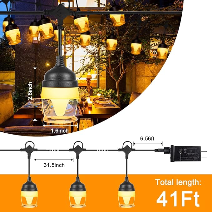 String Lights for Outside, Outdoor Patio Lights with 12 LED Bulbs Waterproof Shatterproof Hanging Patio Lights String for Patio for Bistro, Garden, Backyard, Gazebo, Party Decor, Easter