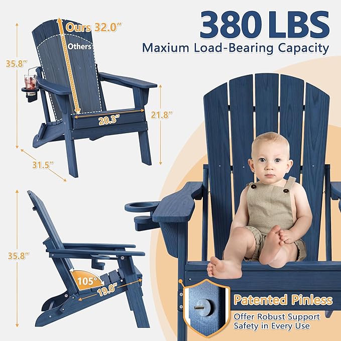 Folding Adirondack Chair Set of 4 with Cup Holder, HDPE All Weather Resistant Plastic Outdoor Patio Chairs, Heavy Duty Fire Pit Seating for Backyard Lawn Garden, Wooden Textured Design(Navy Blue)