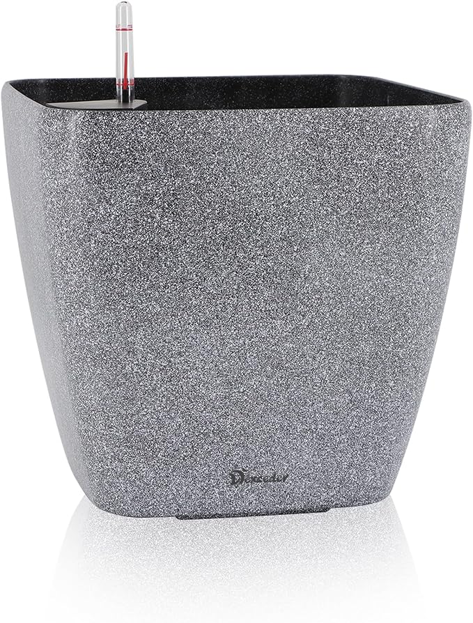 Dexceder 15x14 Self Watering Planter with Wheels Indoor Outdoor, Inner Mat Design, Thickened Large Floor Standing Flower Plant Pot with Water Level Indicator (Stone Matte)