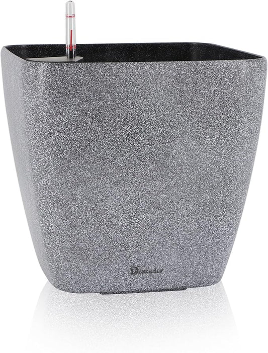 Dexceder 13x12 Self Watering Planter with Wheels Indoor Outdoor, Inner Mat Design, Thickened Large Floor Standing Flower Plant Pot with Water Level Indicator (Stone Matte)