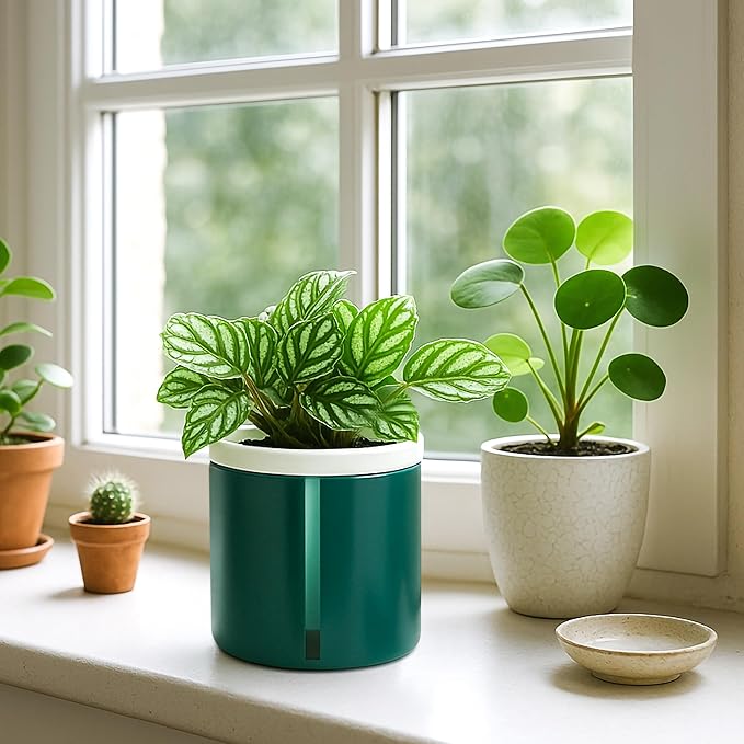 D'vine Dev 4 Inch Design Self Watering Planter for Indoor Plants, White Terracotta Pot with Teal Cylinder Glass Cup, Set of 3,37-Z-A-5-T